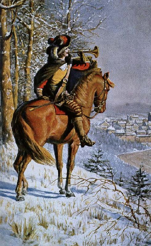 alexis de tocqueville a mounted bugler blowing a large bell instrument. Sweden oil painting art